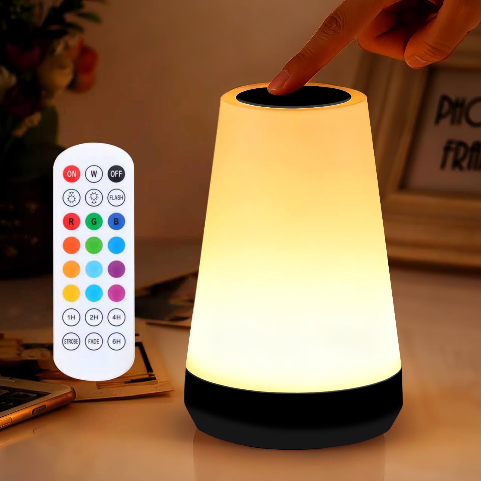 Luz nocturna, lámpara táctil regulable y control remoto, 13 colores RGB y 5 brillo, lámpara de mesita de noche recargable para bebé, niños, guardería, dormitorio, baño, camping (negro)