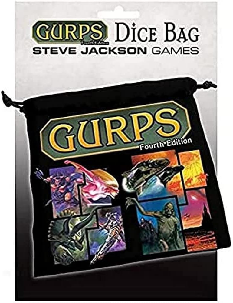 GURPS 4th Edition Dice Bag | Large Drawstring Bag 7” x 7” | Printed Fabric | Holds Over 100 Dice | RPG Bag | Roleplaying Game Bag | Tabletop Adventure Game Bag | from Steve Jackson Games
