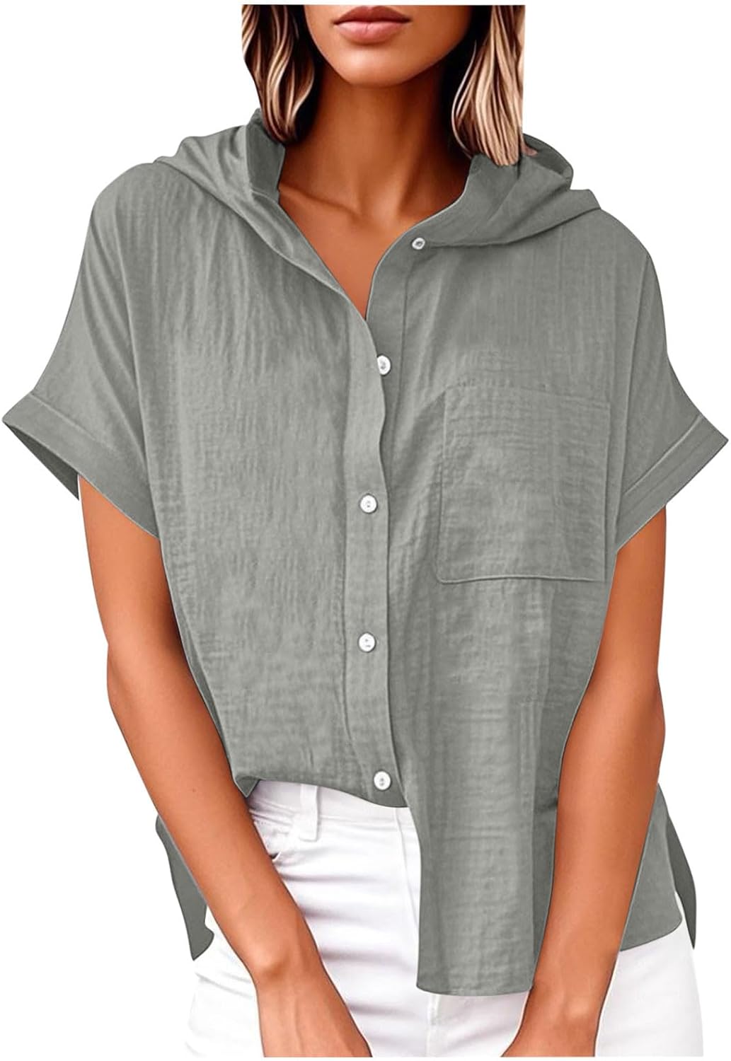 Women's Casual Cotton Linen Button Down Short Sleeve Shirts Solid Summer Beach Blouses Tops with Pocket
