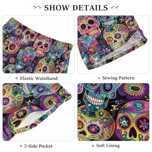 ALAZA Sugar Skull Flower Floral Black Pajama Shorts Elastic Waist Casual Sleep Shorts with Pockets Size 6-143