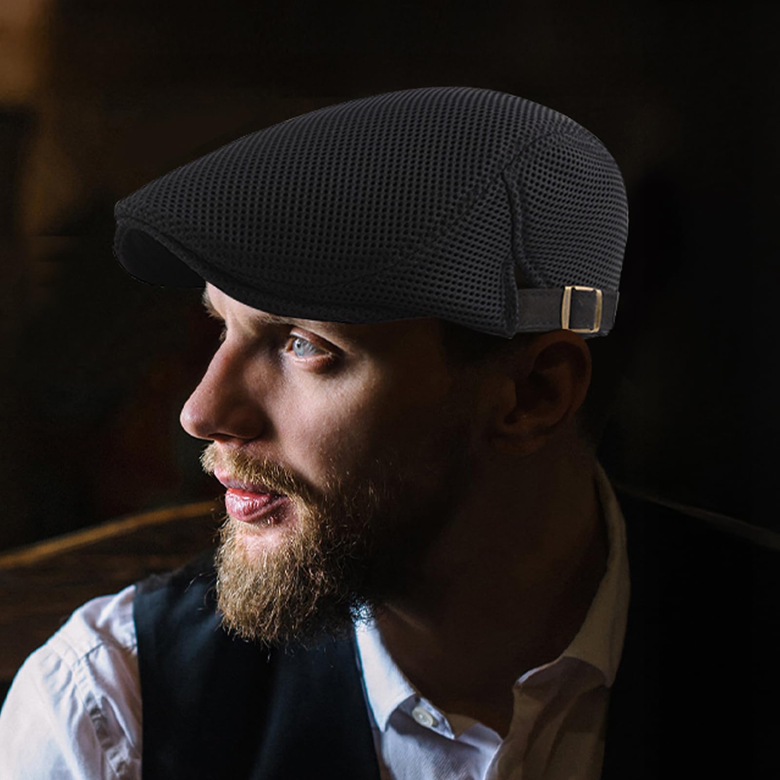 meioro Men's Mesh Flat Cap Breathable Summer Newsboy Hat Adjustable Beret Ivy Caps Irish Cabbie Driving Hats Black