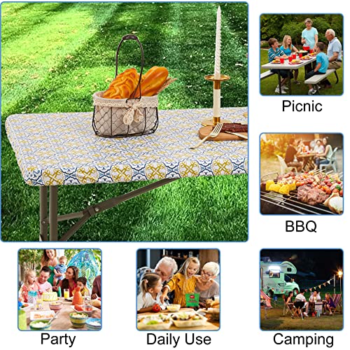 Elastic Vinyl Fitted Tablecloth For 6 Ft Folding Table, 30" X 72" Rectangle Flannel Backing Table Cover, Waterproof Wipeable Table Cloth For Indoor Outdoor Picnic Parties, Yellow Blue Pattern #TOP6