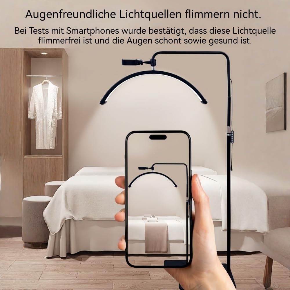 Półksiężyc lampa LED do rzęs, lampa stojąca, ściemniana lampa kosmetyczna, obracana o 360°, z regulacją wysokości, z uchwytem na telefon komórkowy, do przedłużania rzęs, tatuażu, studia