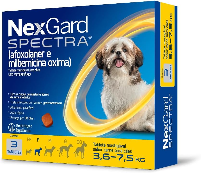 NexGard Spectra Antipulgas, Carrapatos e Vermífugos para Cães de 3,6 a 7,5kg - 3 tabletes
