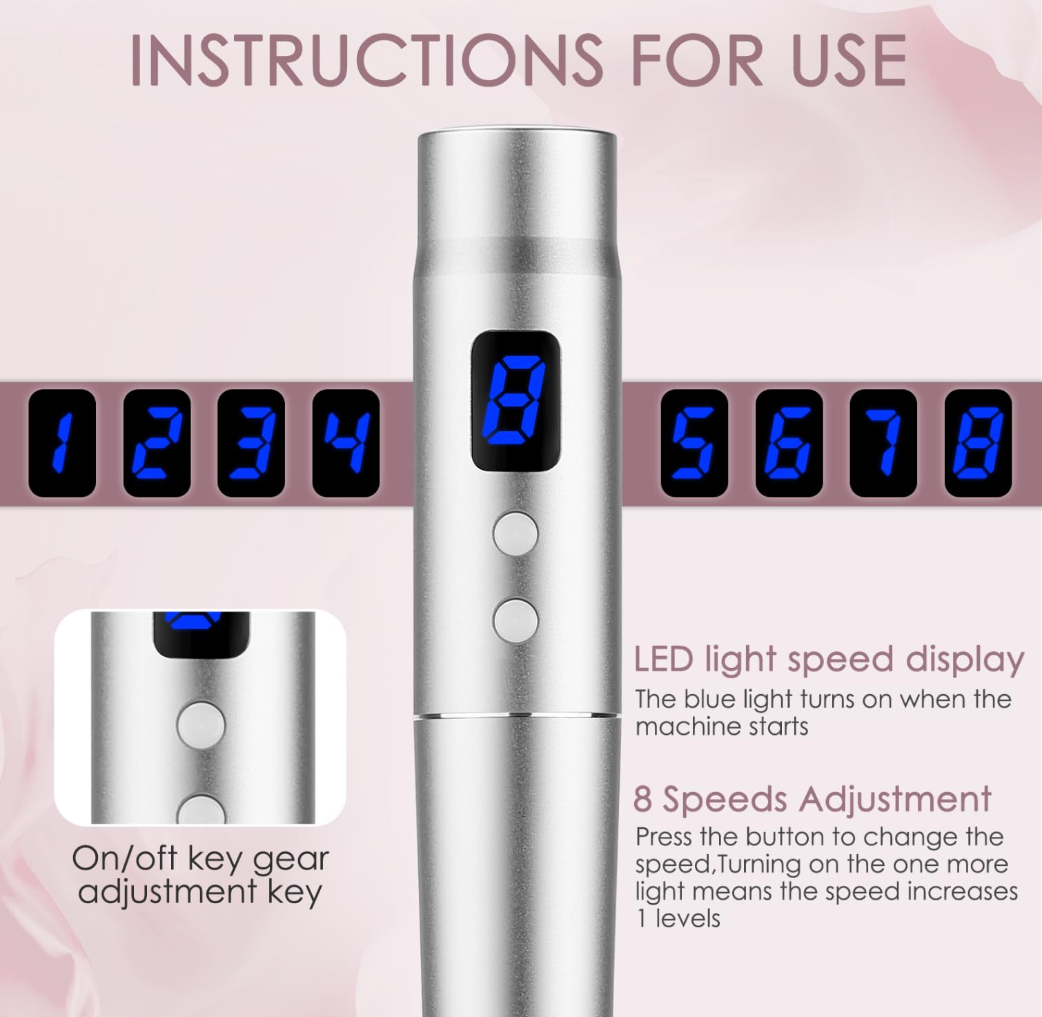 Endim 8-Speeds Microneedling Pen LCD Screen Derma pen with 12Pcs Cartridges Electric Derma Pen for Face Body Beard Hair and Skin Care-Black - Image 2