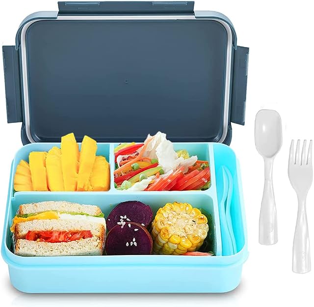 Bugucat Lunch Box 1250ML,Leak-Proof Bento Box with 3 Compartments and Cutlery Lunch Containers for Kids Adult Food Storage Container with Leak-proof silicone ring Suitable for Microwave and Dishwasher