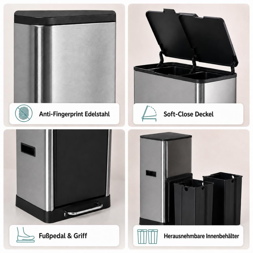hjh OFFICE Mülleimer CLEAN 3 – Mülltrennsystem mit 3 Fächern, 2x 6L + 1x 20L, Soft-Close-Deckel, Edelstahl-Abfalleimer für Innenbereich, Silber
