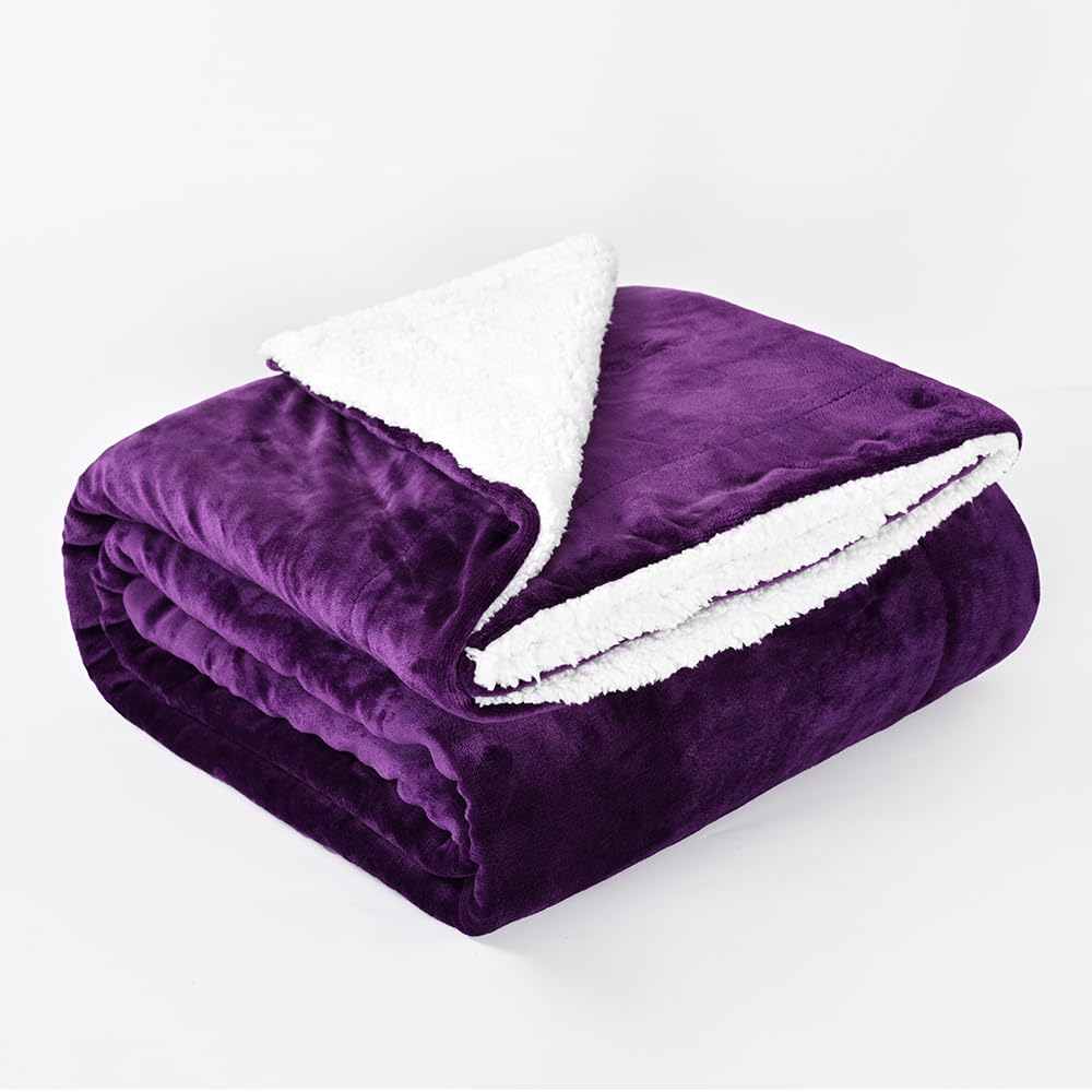 Ml Massari Limited Purple Fleece Throw Blanket For Sofa, Couch & Bed | Oeko-Tex Certified Fluffy Fleece Blankets 200X240cm Size | Luxurious Cosy & Breathable Reversible Blankets (Sherpa Dark Super King)