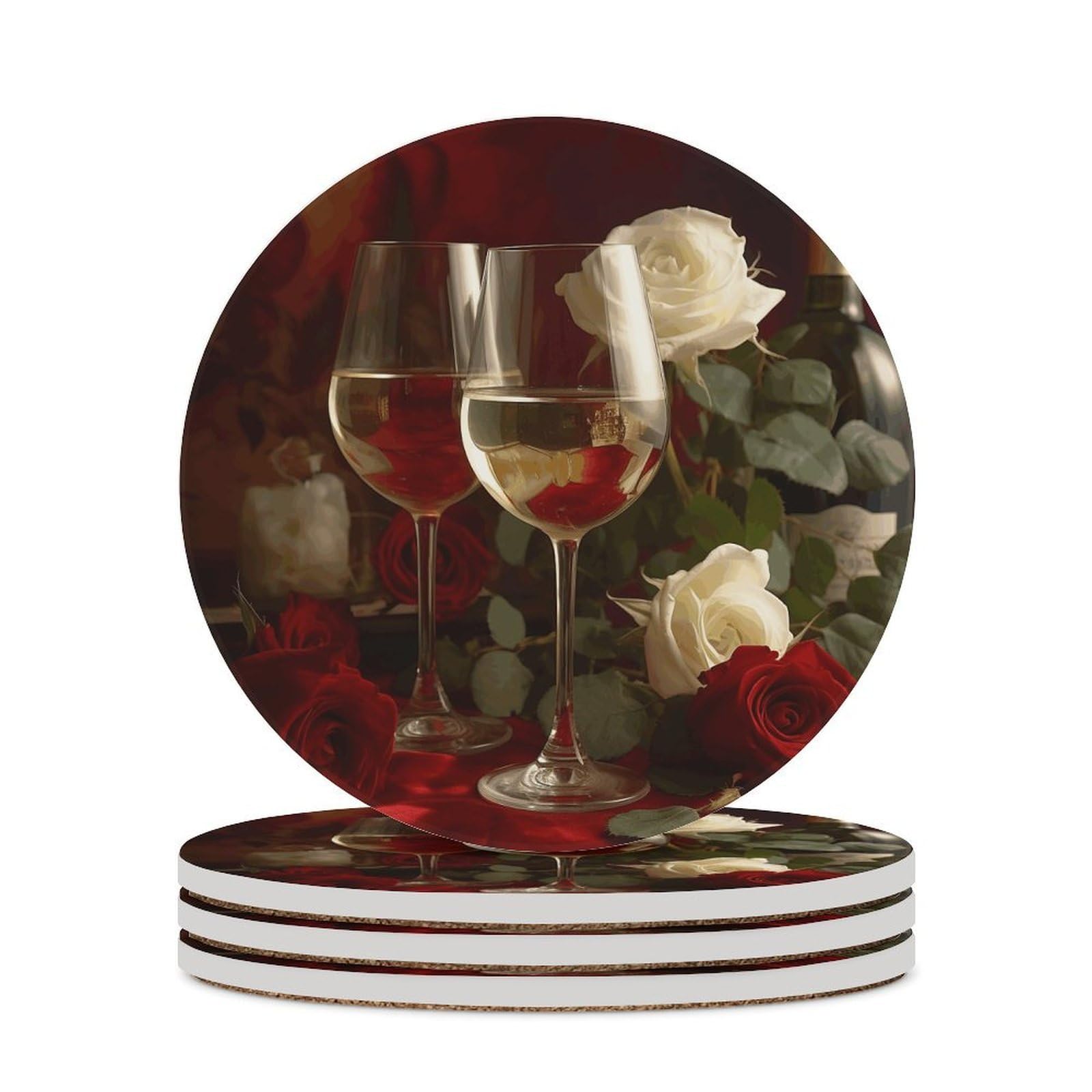 Khauerbc Style Roses On Table Drink Coasters With Holder For Coffee Table,Ceramic Coaster With Cork Base,Ceramic Stone Coaster For Iced Cold Or Hot Drinks,4.1 Inches