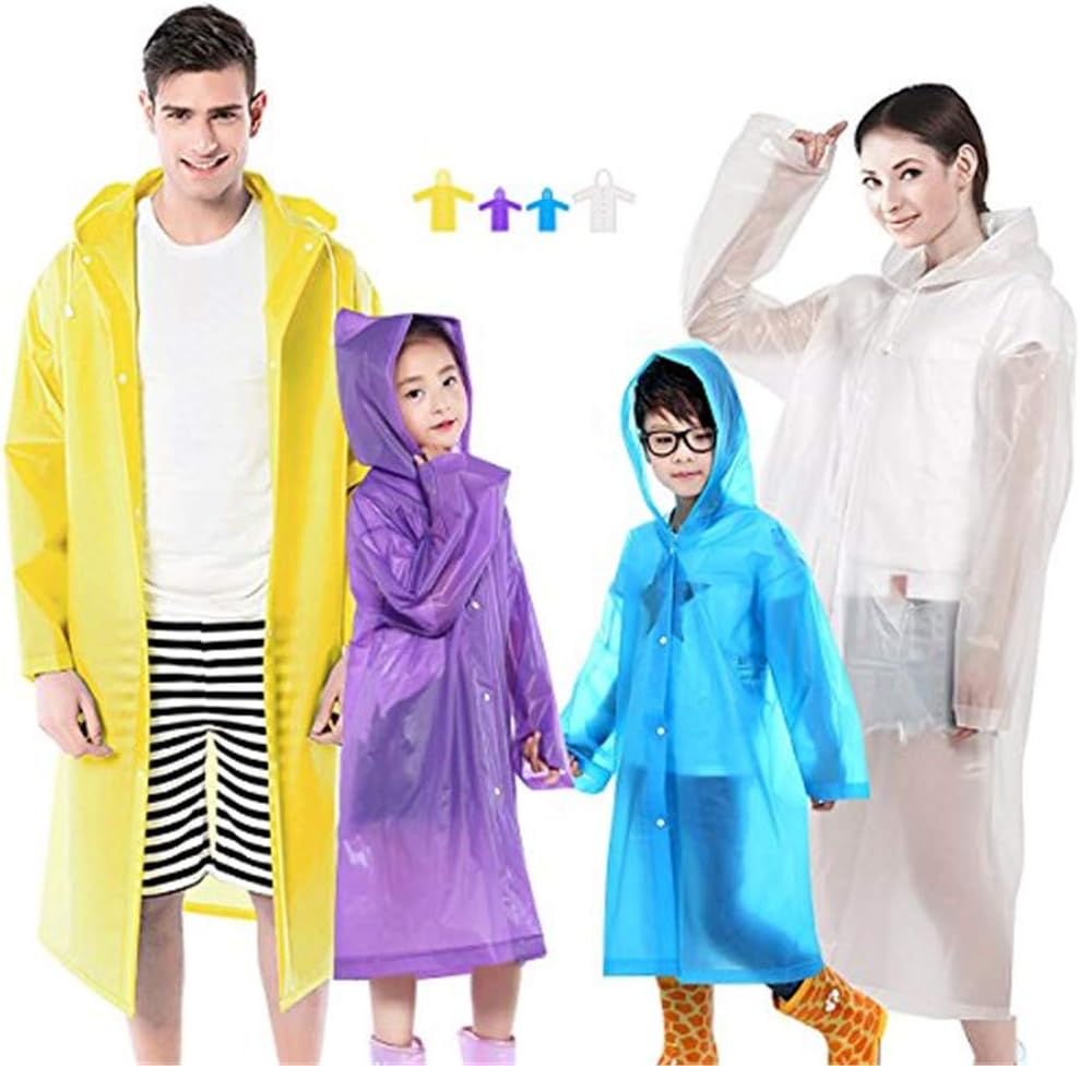 EUOW Rain Ponchos EVA Reusable Raincoats for Family Travel,Camping,Hiking,Fishing for Emergency Rain Coat for Adults & Kids(4 Pack)