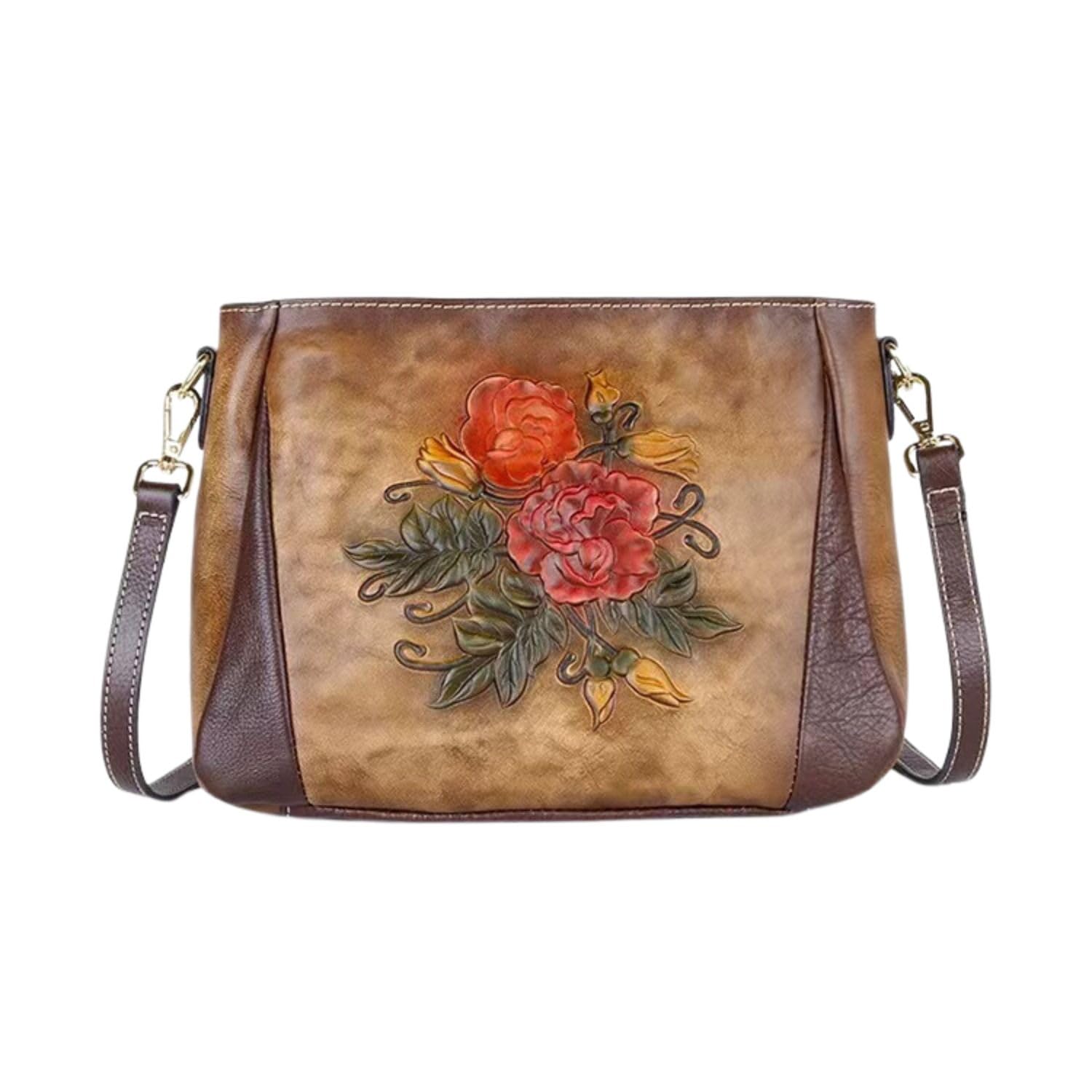 YAHDEN Genuine Leather Crossbody Bag for Women, Vintage Floral Embossed Shoulder Bag with Adjustable Strap, Messenger Handbag
