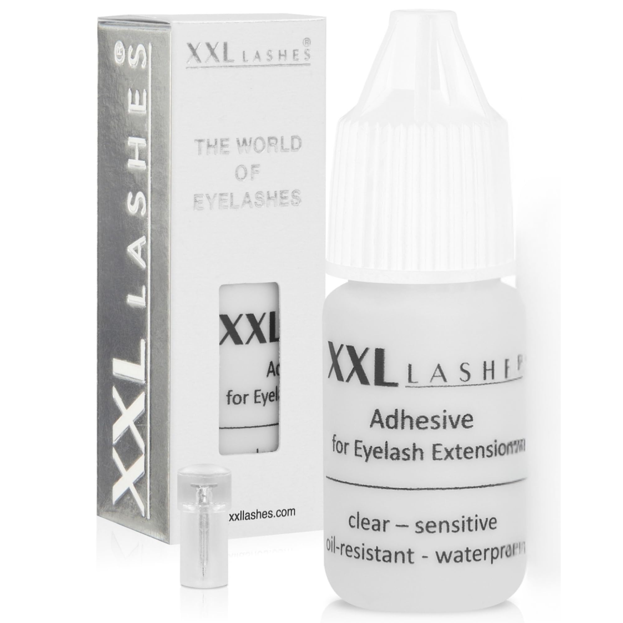 Klej do rzęs, XXL Lashes Adhesive, odporny na olej, wrażliwy klej do przedłużania rzęs, wodoodporny, bezzapachowy, antyalergiczny, certyfikowany pod kątem bezpieczeństwa, wegański – przezroczysty (data napełniania na dnie butelki)