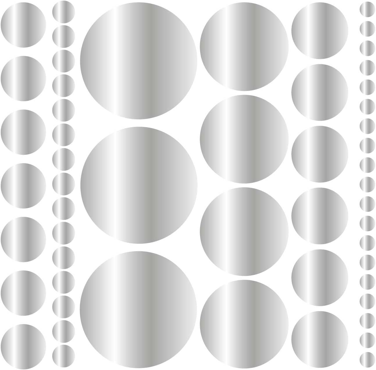 Assorted Size Polka Dot Decals - Repositionable Peel and Stick Circle Wall Decals for Nursery, Kids Room, Mirrors, and Doors (Silver)