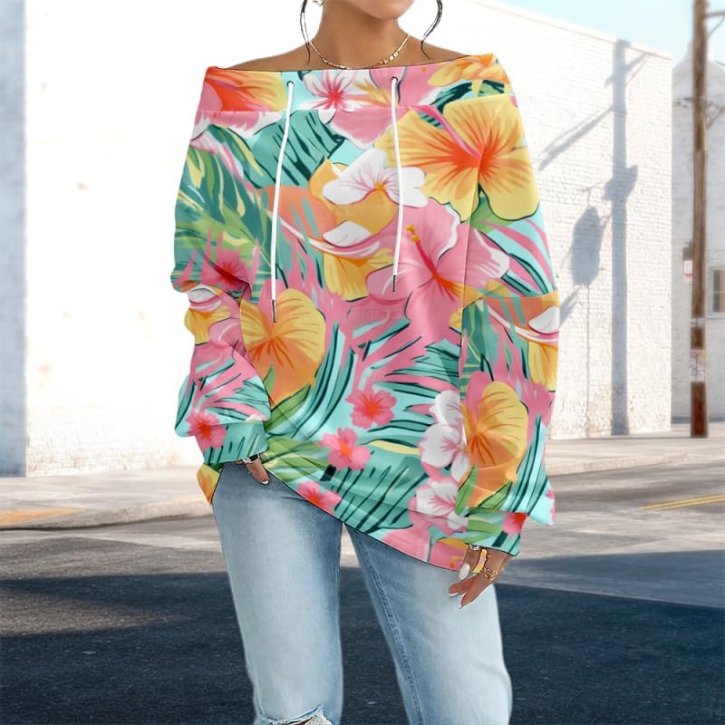 Off Shoulder Sweatshirts for Women Trendy Graphic Print Loose Casual Hoodies Oversized Long Sleeve Pullover Tops - Image 3