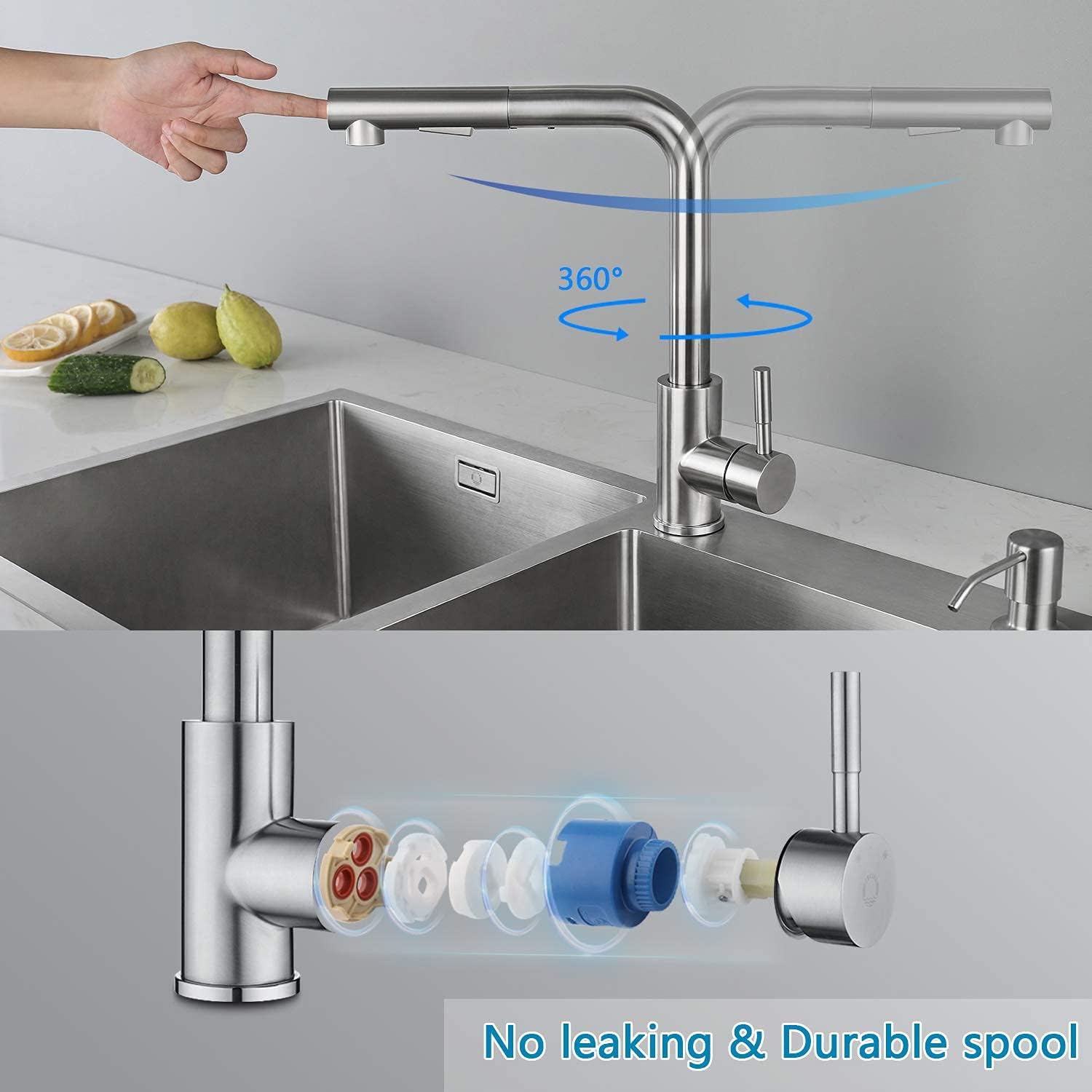 CECIPA Fregadero de cocina de 70 x 45 cm con grifo extensible X203S, acero inoxidable, incluye dispensador de jabón y sifón, incluye fregadero interior de repuesto y tabla de cortar, fregadero de