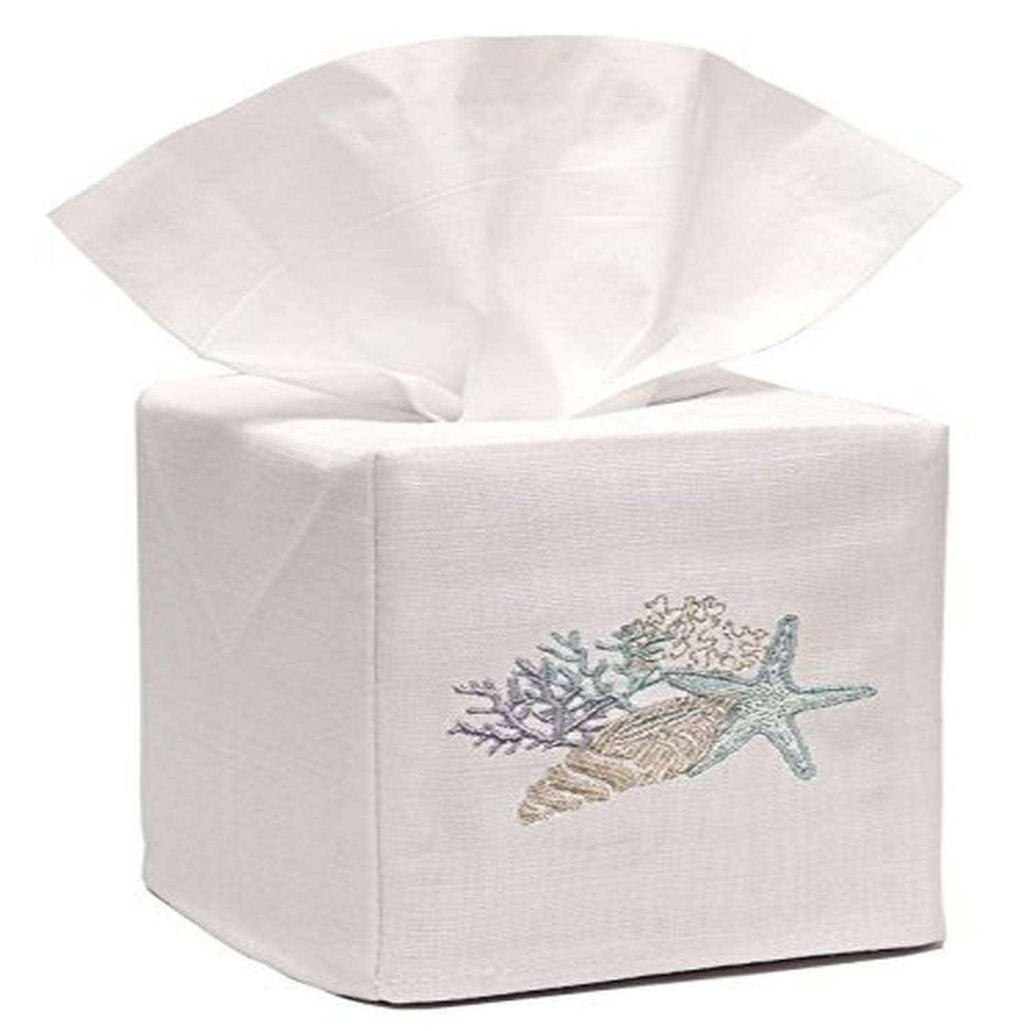 Jacaranda LivingSquare Tissue Box Cover, Linen/Cotton Fabric Tissue Holder, Decorative Cloth Tissue Cube Cover, Coastal Designs Shell Collection (Duck Egg Blue)