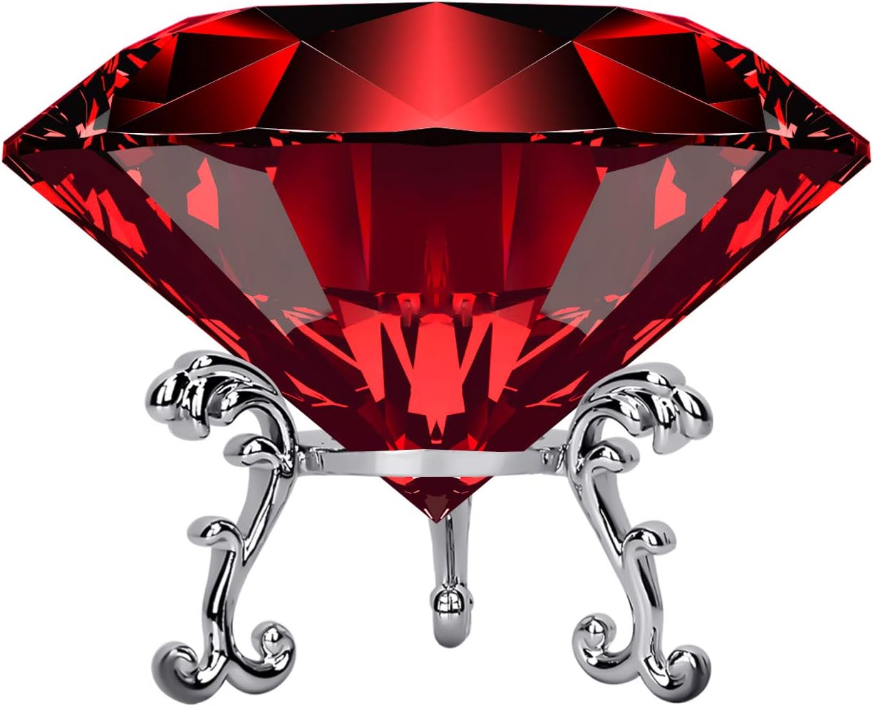 Large Crystal Diamond Paperweight with Stand Jewels Wedding Decorations Centerpieces Home Decor 3.15 inch (Red)