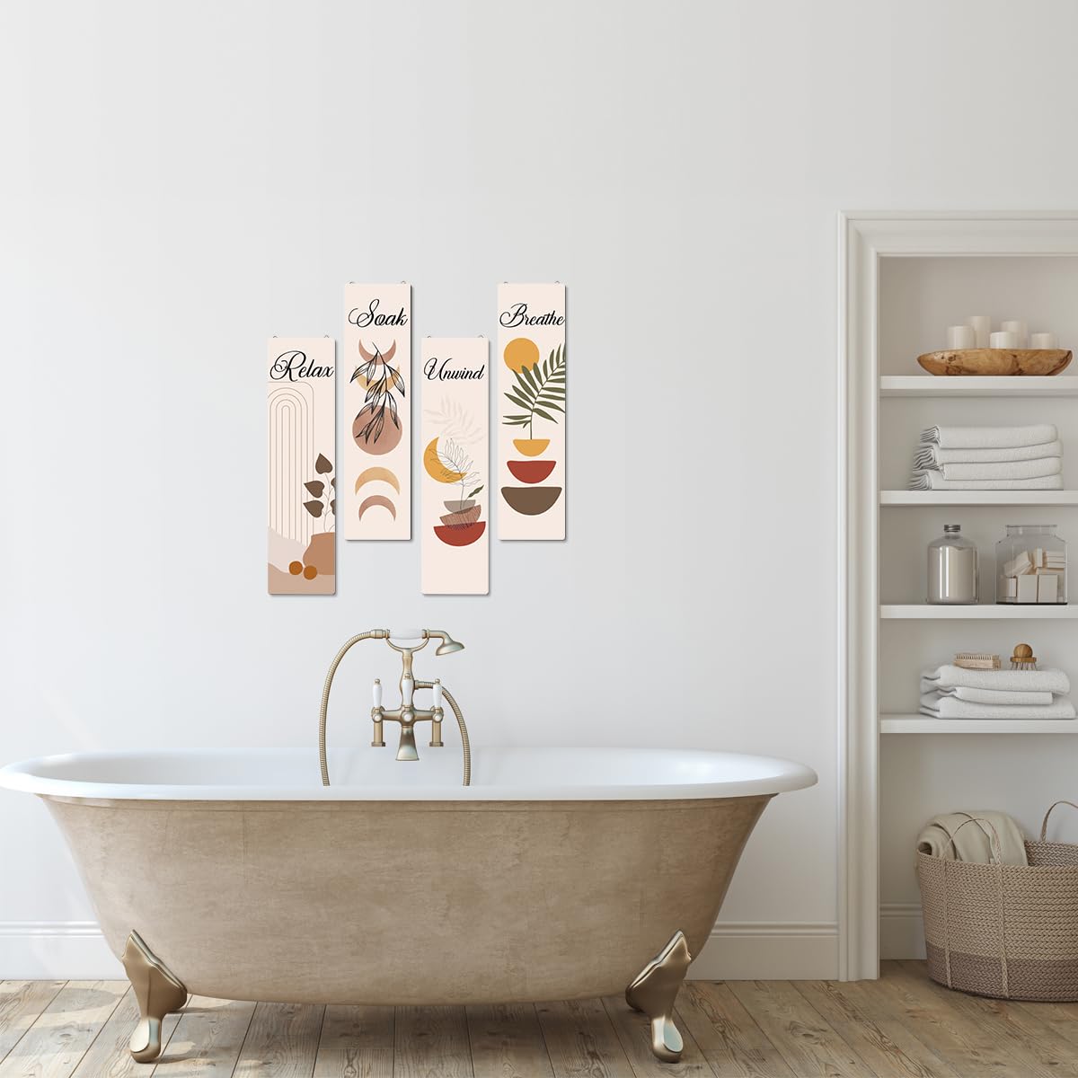 Relax Soak Unwind Breathe Sign - Set Of 4 Wooden Hanging Wall Plaques For Bathroom Decor, Housewarming Gift
