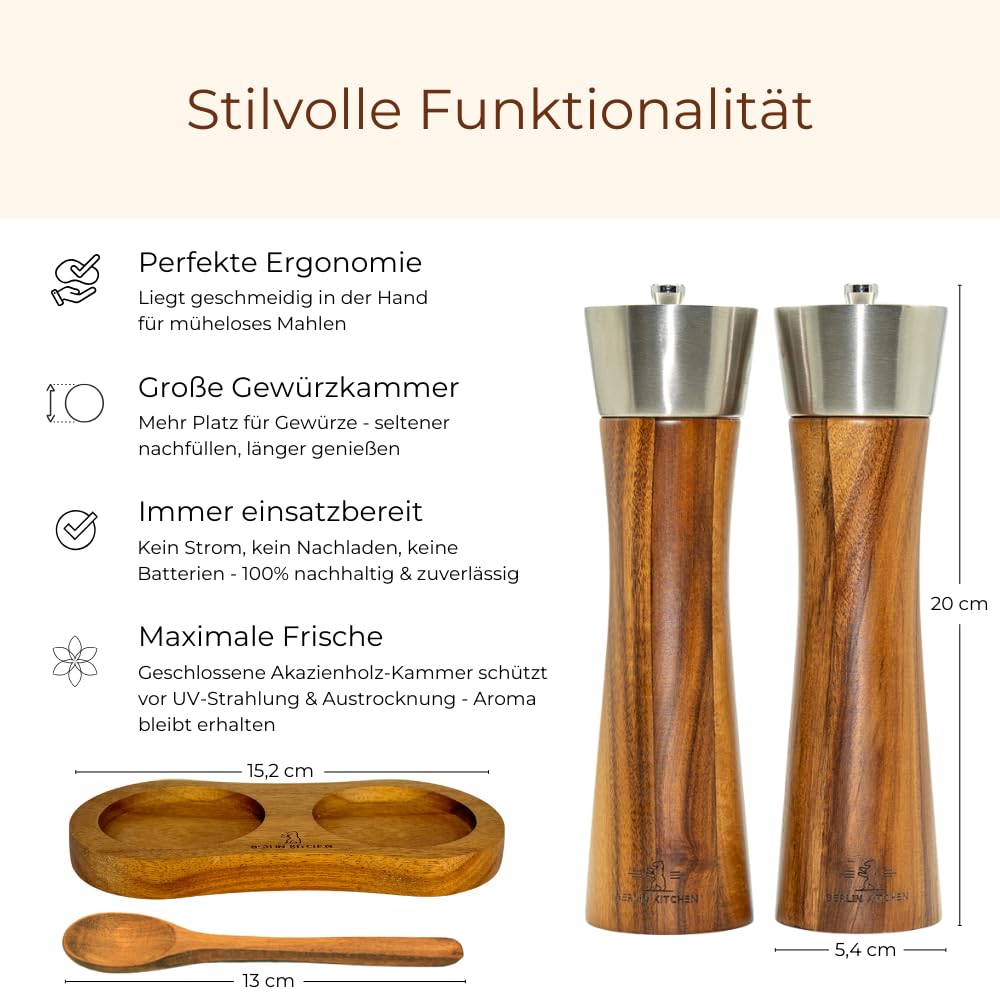 Salt'n Pepper Passion Salz- und Pfeffermühle Set | Edle Akazie & Edelstahl | GRATIS Dosierlöffel | Langlebiges Keramikmahlwerk | Stilvolles Geschenk | Stufenlos einstellbarer Mahlgrad