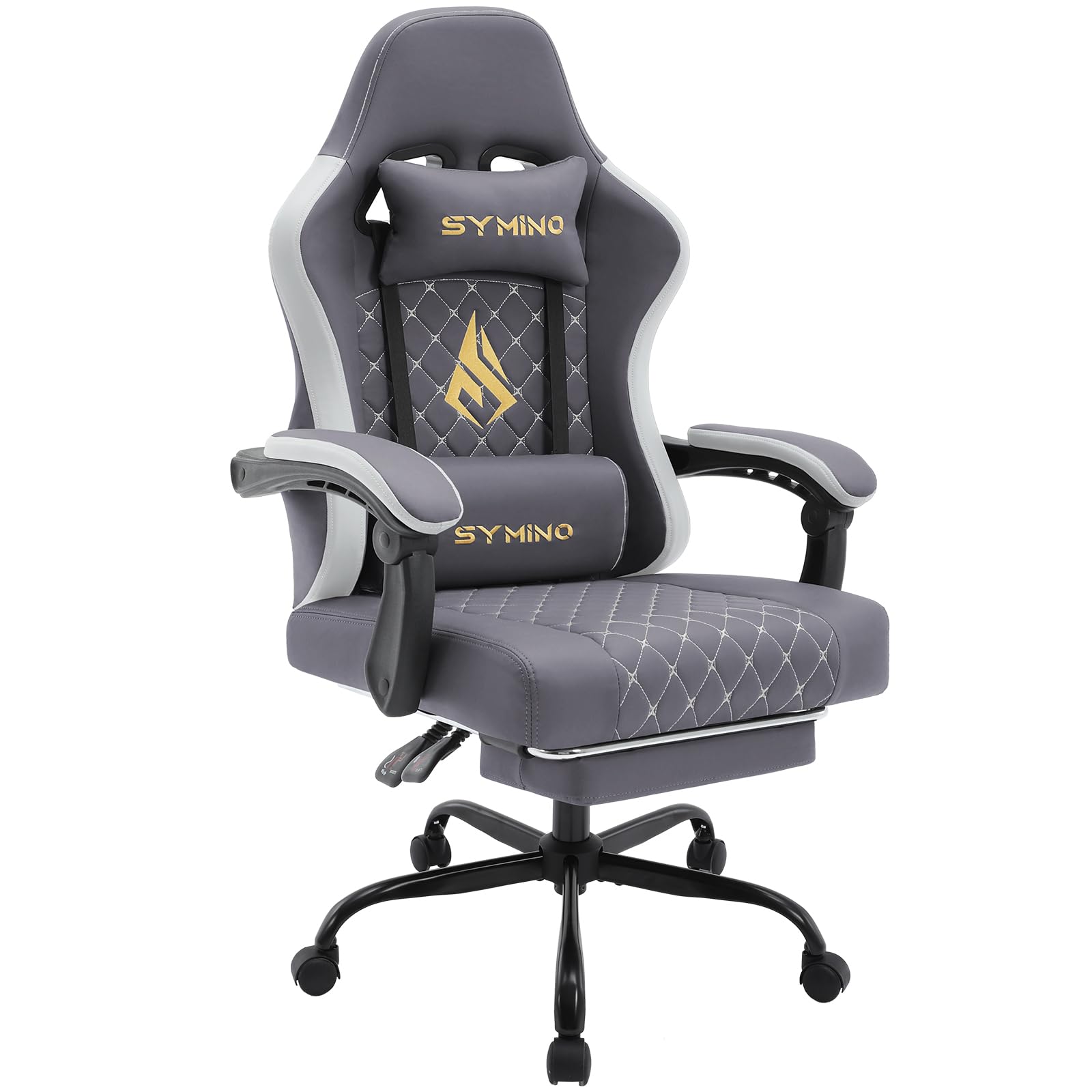 Symino Silla Gaming Ergonómica con Asiento de Espuma Alta Densidad – 150 kg, Reclinable con Soporte Lumbar, Reposabrazos Ergonómicos, Giratoria 360° para Oficina y Escritorio
