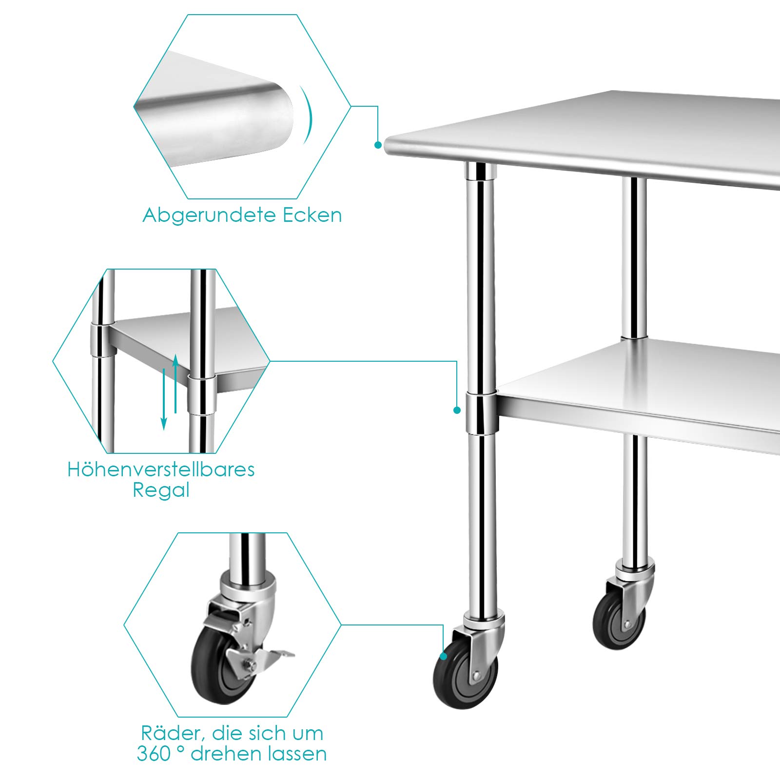 GOPLUS Mesa de Trabajo de Acero Inoxidable, Banco de Trabajo con 4 Ruedas giratorias 360°, Carrito para Servir, Carrito de Cocina con Estante Ajustable, soporta hasta 250 kg, 2 Ruedas con Freno