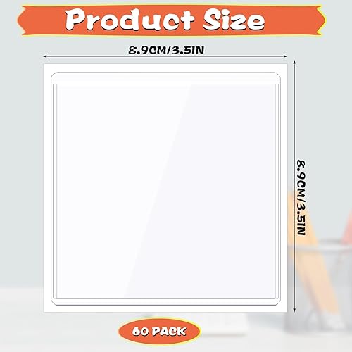 Miniatura 2 de 60 bolsillos autoadhesivos para tarjetas de índice de 3.5 x 3.5 pulgadas, bolsillos cuadrados para etiquetas, bolsillos adhesivos transparentes,