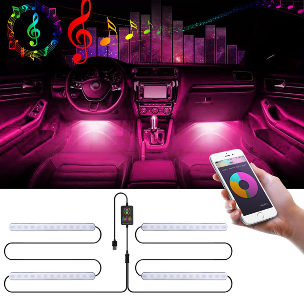 GRIRIW 1Pc LED Car Atmosphere Lamp Colorful Sound Control Light Strip USB Powered Interior Decorative Lighting Wide Angle Irradiation for Unique Car Interior Ambiance