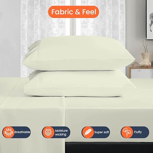 Miniatura 4 de Juego de sábanas de 600 hilos de 4 piezas, planas, bajeras y fundas de almohada, tamaño Queen, color marfil, 18 pulgadas de longitud de caída,