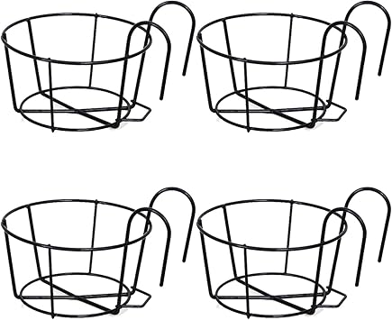 EIMQUVW 4 Pack Round Hanging Railing Planters Basket Metal Balcony Planters Railing Hanging Flower Pot Holders for Outside,Indoor,Balcony,Garden20CM