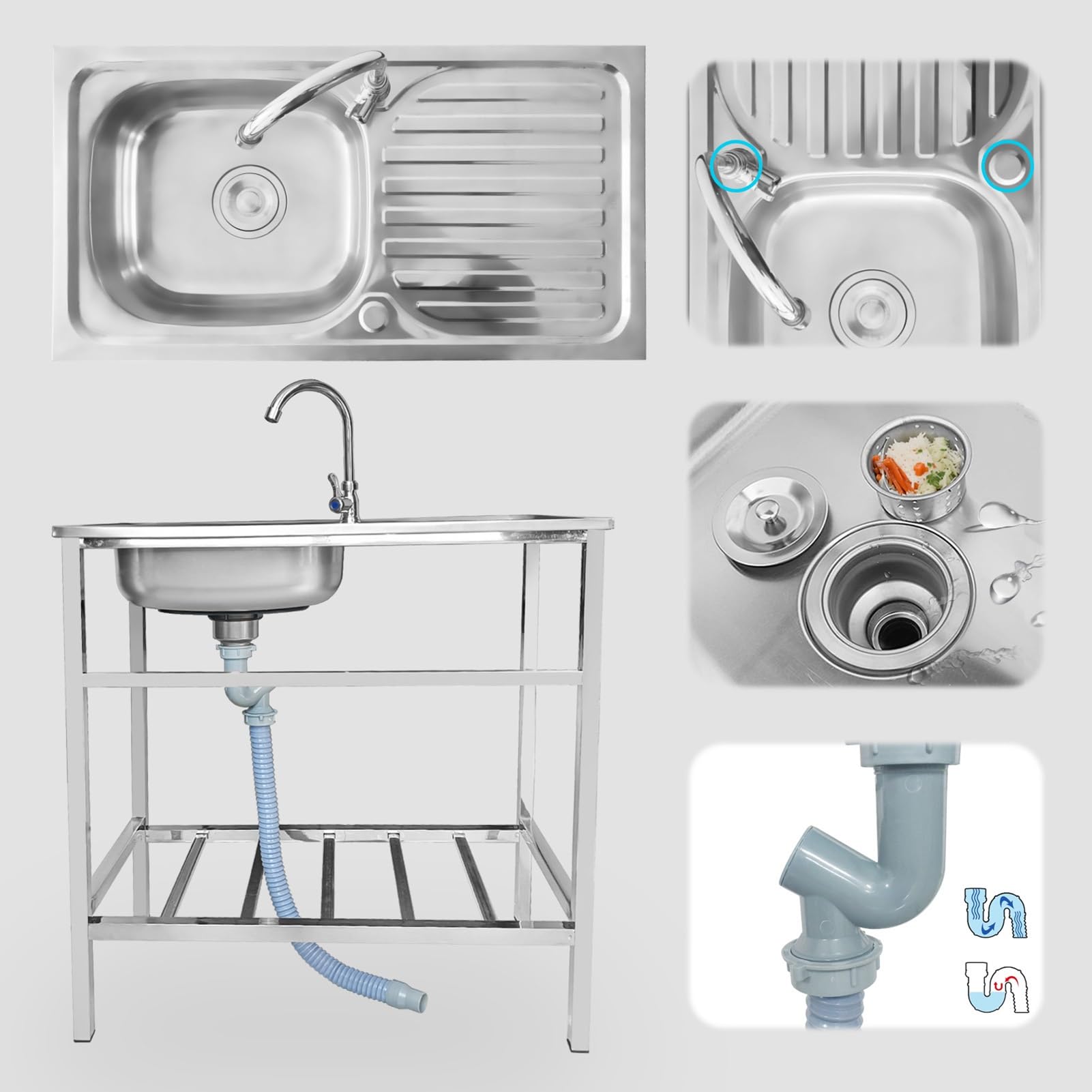 Évier En Acier Inoxydable Extérieur Évier De Jardin Evier De Restaurant Commercial Avec Robinet Et Établi Évier De Autoportant Pour Buanderie Salle De Bain Facile À Assembler(75x40x75cm)