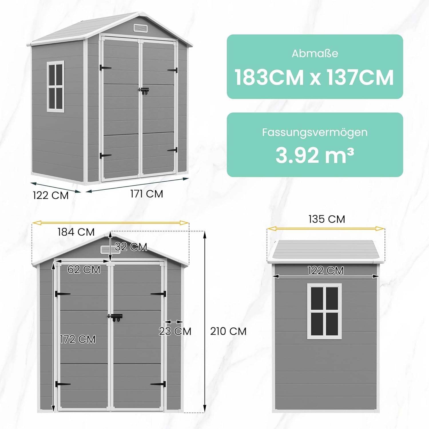 Amopatio Domek ogrodowy odporny na warunki atmosferyczne 3,9 m³, wymiary zewnętrzne: szer. x gł. x wys.: 183 x 137 x 210 cm żywica z tworzywa sztucznego, okno, garaż rowerowy, przechowywanie na