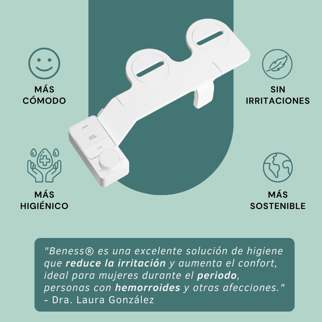 BENESS | Ducha Bidé De Botón Desmontable Sin Electricidad | Accesorio Delgado Para Baño | Fácil Instalación | Doble Pulverizador Frío Ajustable | Autolimpieza Integrada | Higiene íntima Y Ecológica