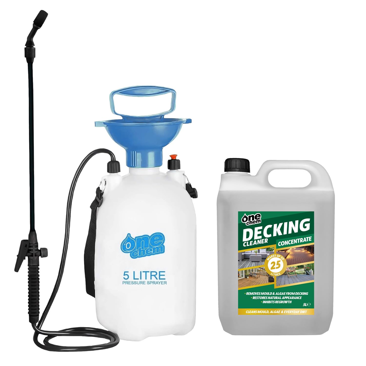 One Chem Decking Cleaner 5 Litre Concentrate + 5L Garden Sprayer, Cleans Mould, Algae and Dirt, Inhibits Regrowth, Makes up to 25 Litres