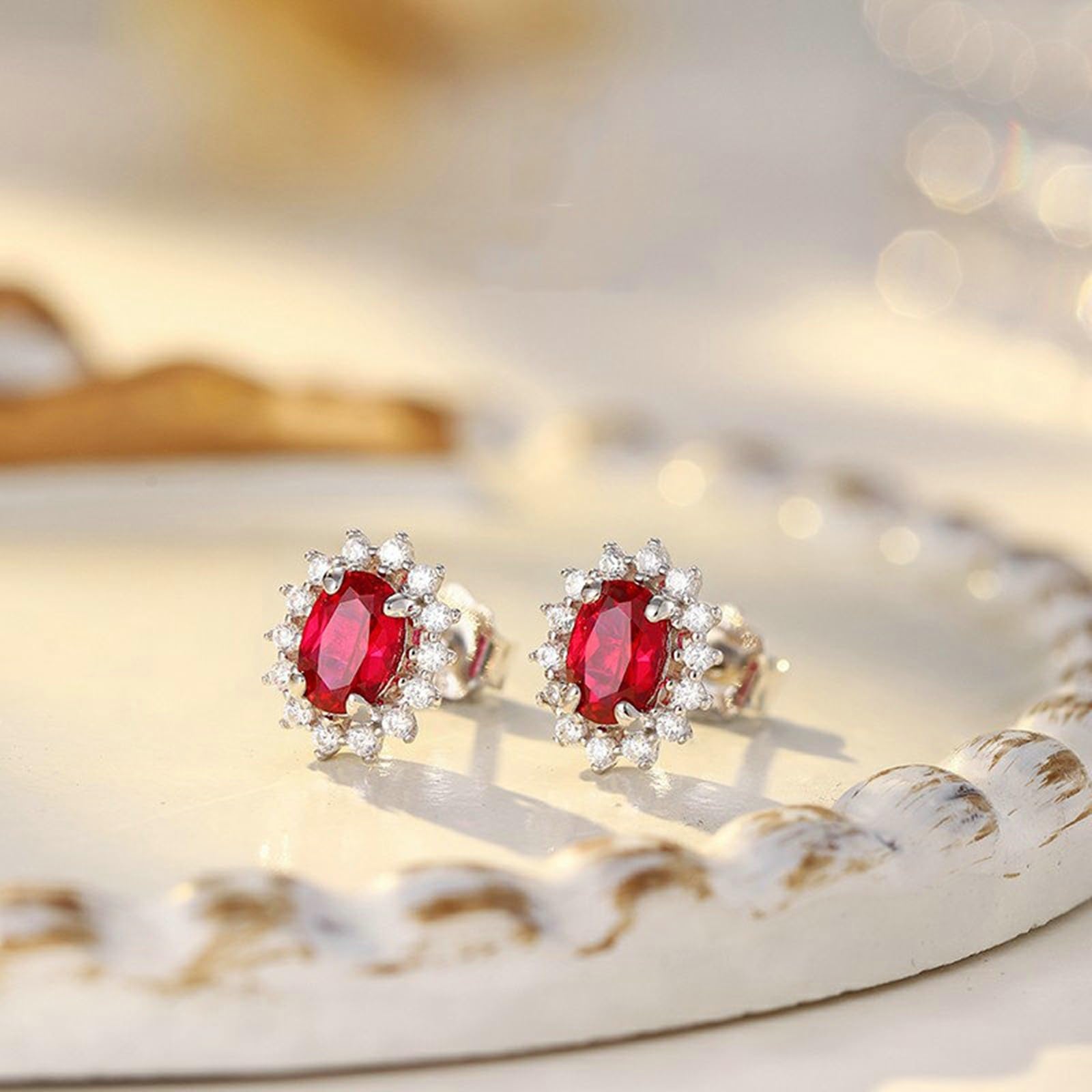 Pendientes de tuerca de oro blanco de 9K/14K/18K con rubí cultivado en laboratorio, aretes de girasol para mujer con rubí creado en laboratorio de 1,4 quilates y moissanitas pavé de oro
