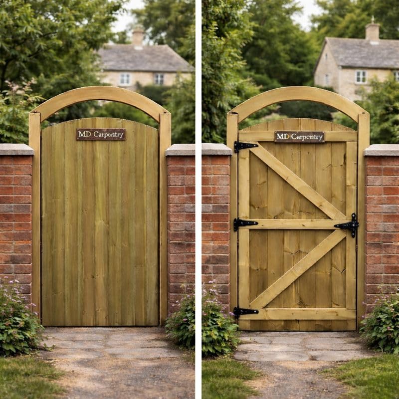 MD Carpentry Arched Wooden Garden Gate – Pressure Treated Timber, Rear Z-Brace & Lockable Backside Design ((180cm High x 105cm Wide x 6cm Deep))