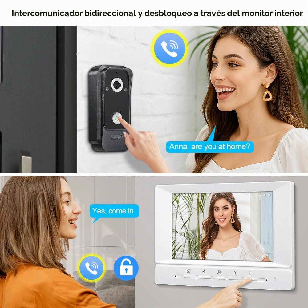 7 Zoll IPS Cable Sistema de Intercomunicación 1080P HD Videoportero, Timbre Vídeo Cámara Visión Nocturna y 2 Monitores Pantalla, Audio Bidireccional y Desbloqueo