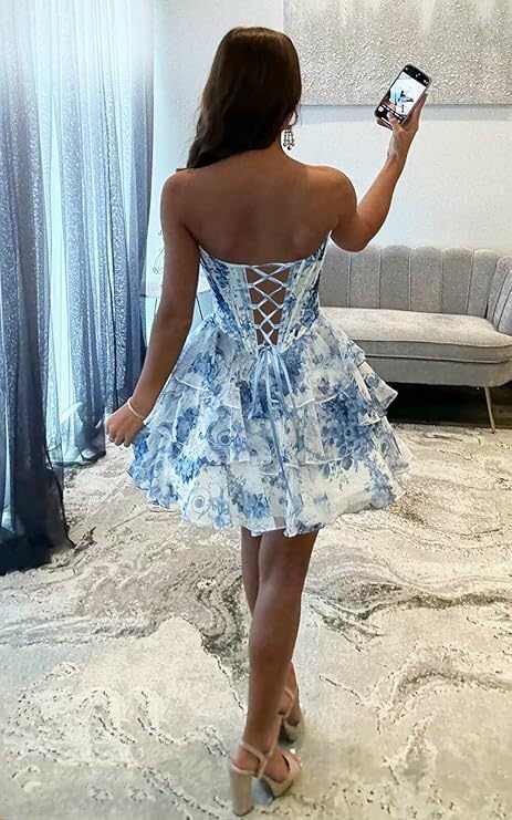 Off Shoulder Floral Short Homecoming Dresses Lace Tiered Chiffon A Line Cocktail Party Dress HM3392