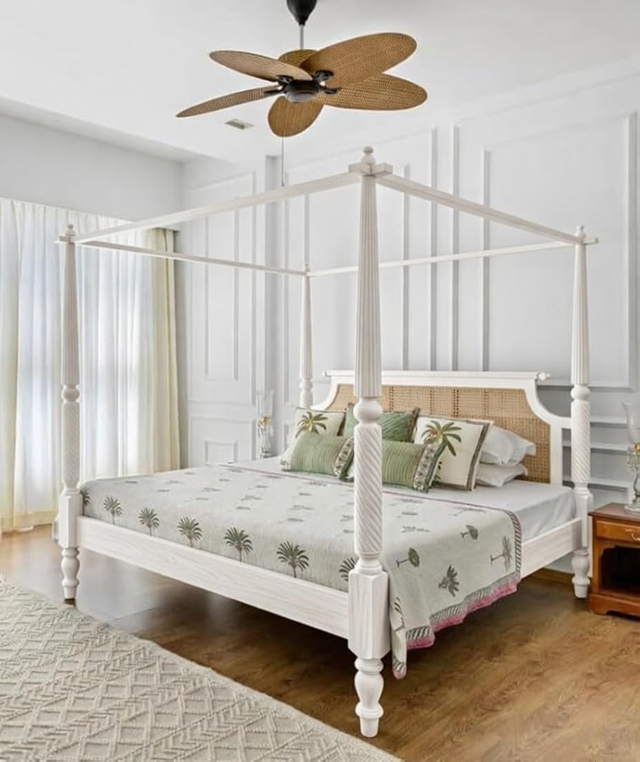 Solid Sheesham Wood Poster Bed for Bedroom, Strong Wooden Frame, Modern Classic Design, Durable & Elegant Furniture (White, King, Design 9)-image-44