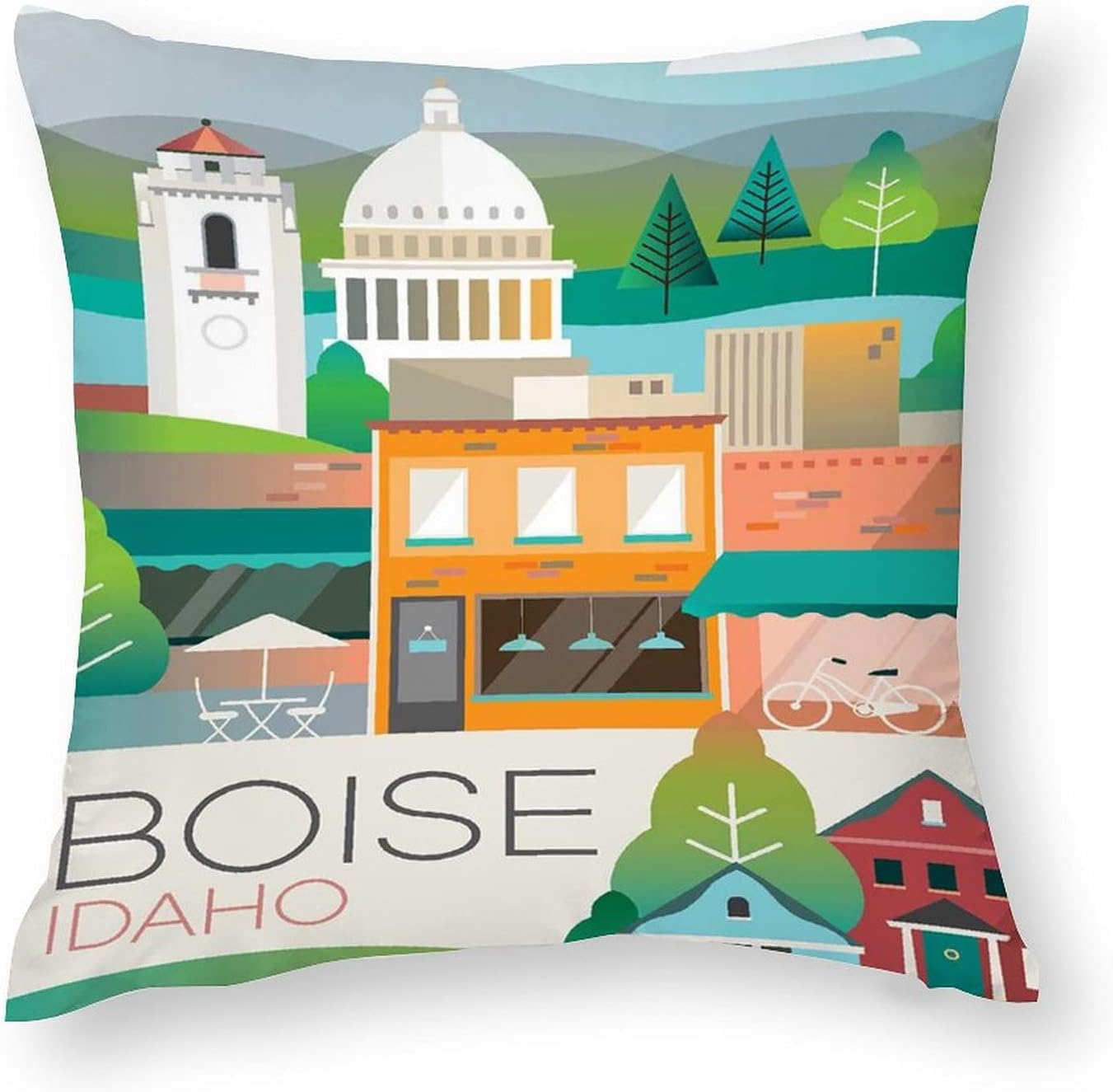 Wonderllty Novelty Throw Pillow Cover-Vintage Boise Idaho Architectural Poster Art Pillow Covers 18x18 inch Personality Cushion Cover Pillowslip for Sofa Couch Bedroom Car Decorative