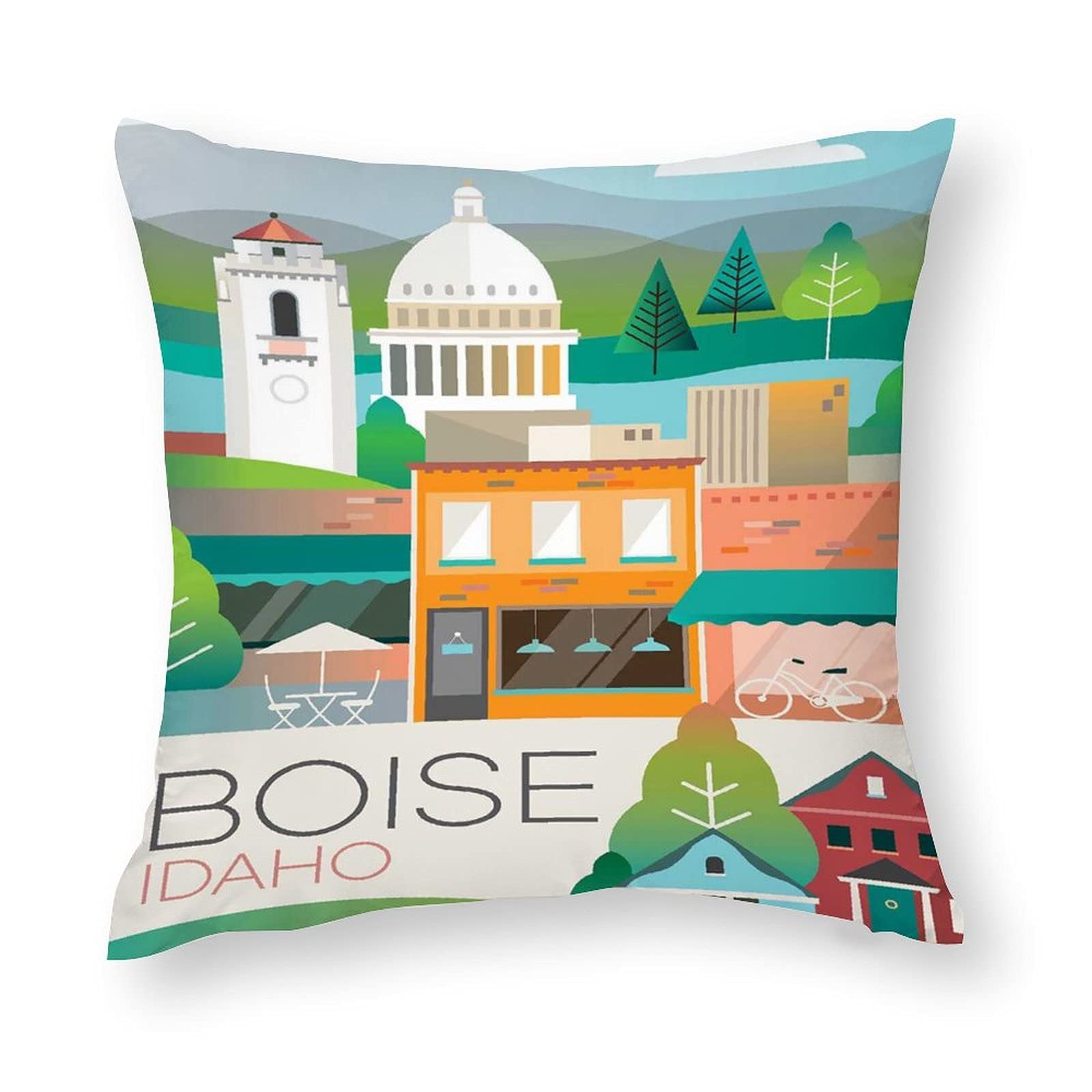 Wonderllty Novelty Throw Pillow Cover-Vintage Boise Idaho Architectural Poster Art Pillow Covers 18x18 inch Personality Cushion Cover Pillowslip for Sofa Couch Bedroom Car Decorative