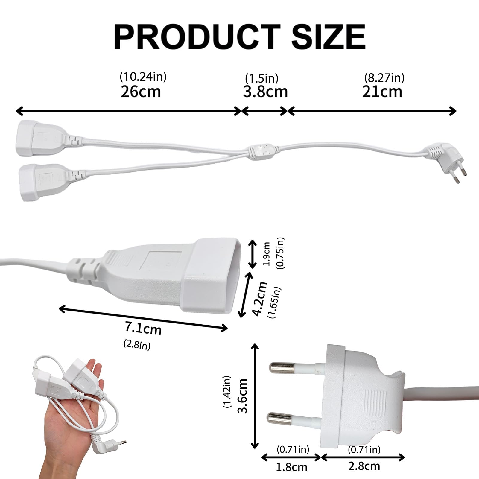 Cable Alargador 2 en 1 con Enchufe Europeo 50CM, Cables Alargadores Europeo de Corriente Acodado 250 V/2,5 A, Alargador Enchufe Plano 2 x 0,75 mm² para Televisores Monitor Consola de Juegos — view 2