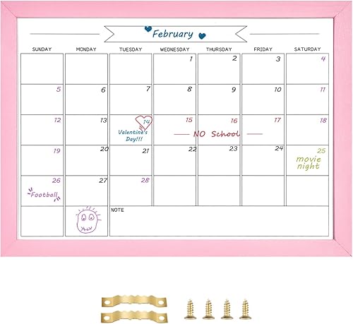 TORASO Tablero de calendario mensual de borrado en seco, pizarra blanca magnética para pared, oficina, escuela, hogar, marco rosa de madera maciza