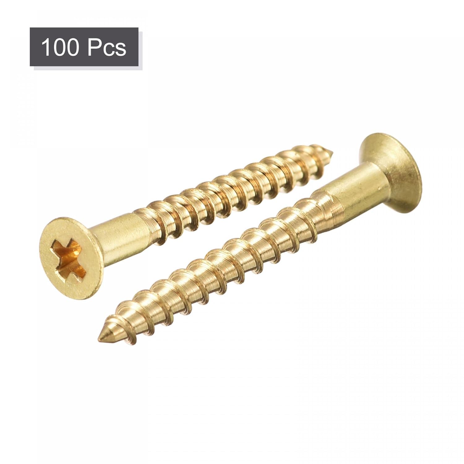uxcell Brass Wood Screws, M3x25mm Phillips Flat Head Self Tapping Connector for Door, Cabinet, Wooden Furniture 100Pcs