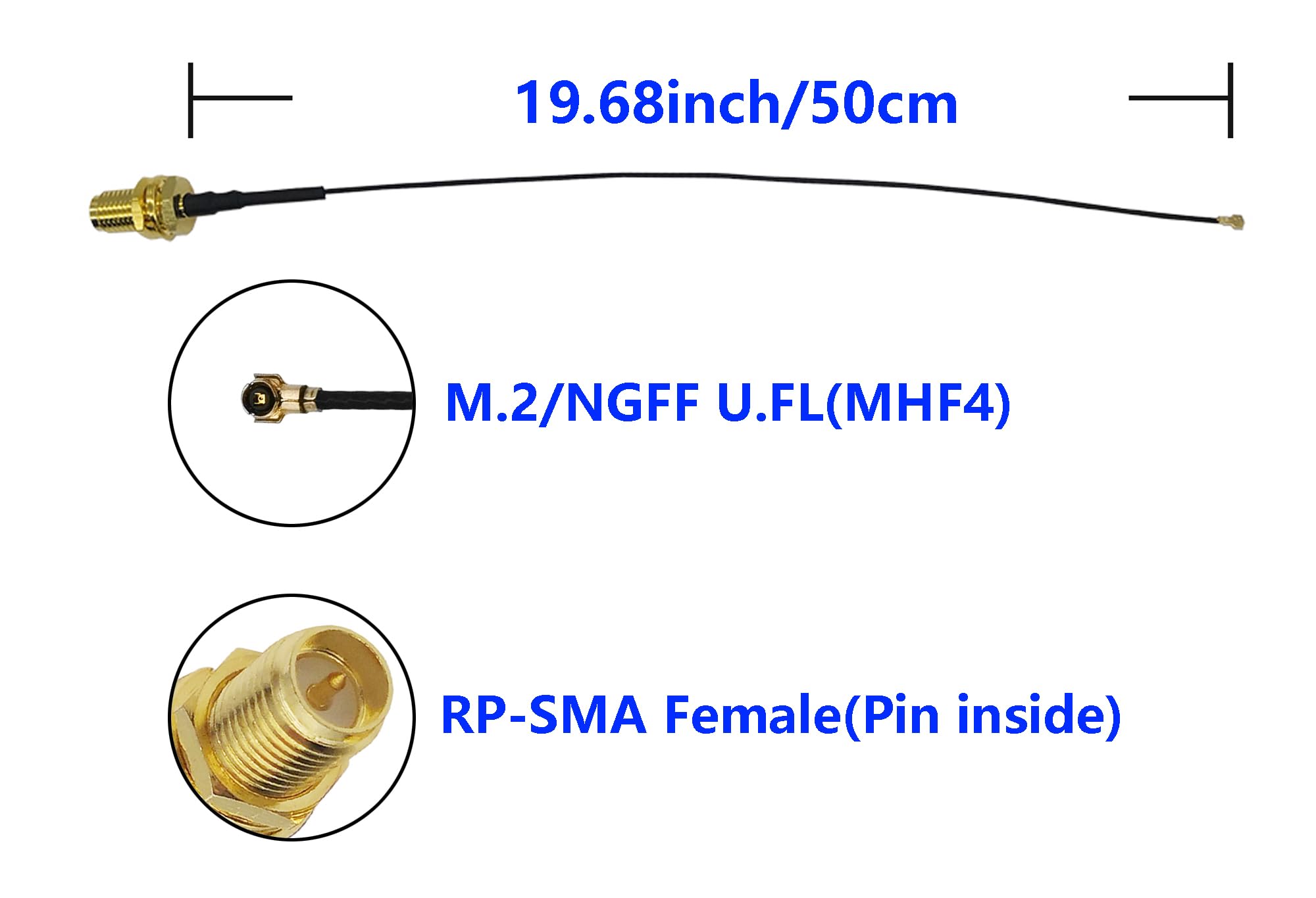 MHF4 to RP-SMA Female U.FL Connector Pigtail WiFi Antenna Extension Cable (20 inch 2 Pcs)