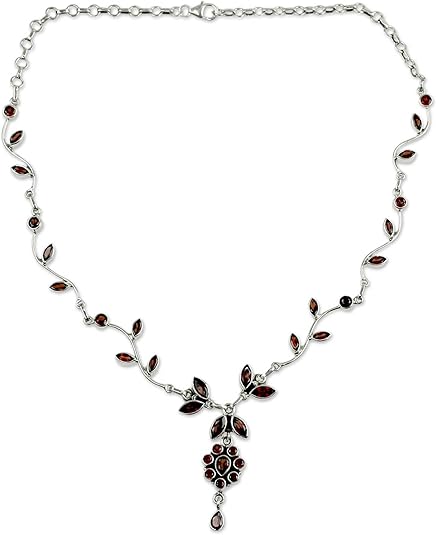 NOVICA Garnet Flower Sterling Silver Necklace