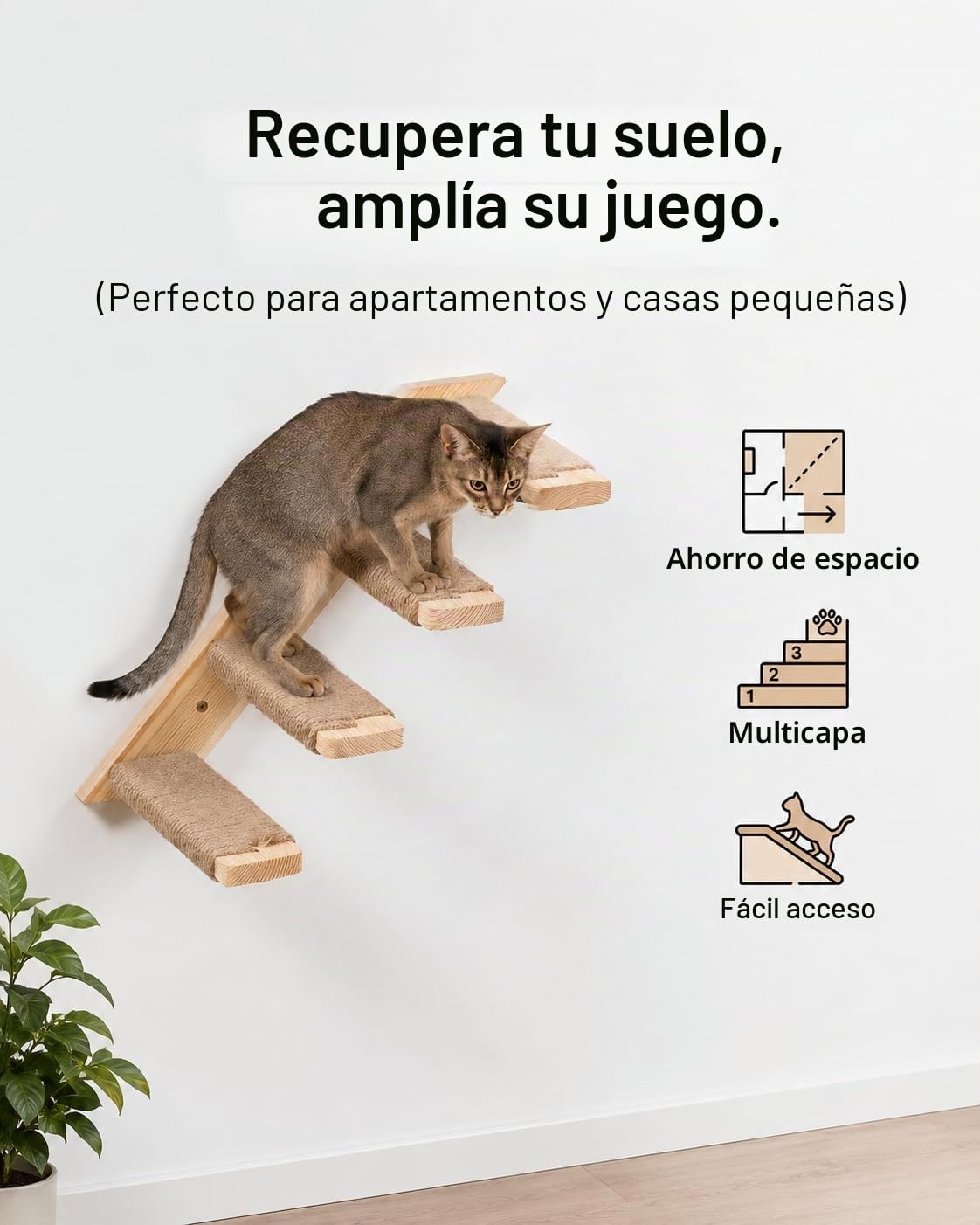 Gatos Escalada Pared Escalera Gato Juego de Pared con 2 Niveles Plataformas Cuadradas y Curvadas, Muebles de Pared de Madera para Gato Montado en Pared Juego para Escalar Jugar Dormir