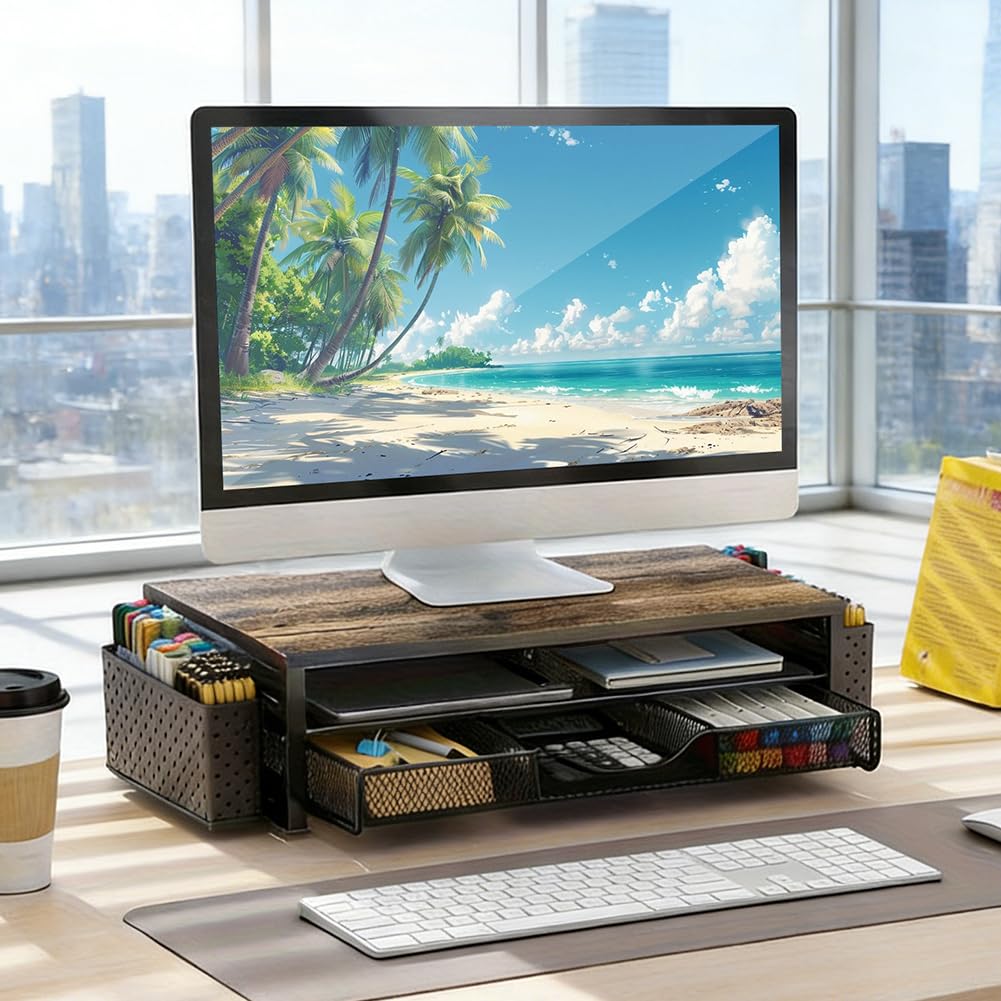 Organiseur de bureau, support de moniteur avec tiroir et 2 porte-stylos, rehausseur de moniteur pour écran et ordinateur portable, organisateur de bureau pour accessoires de bureau