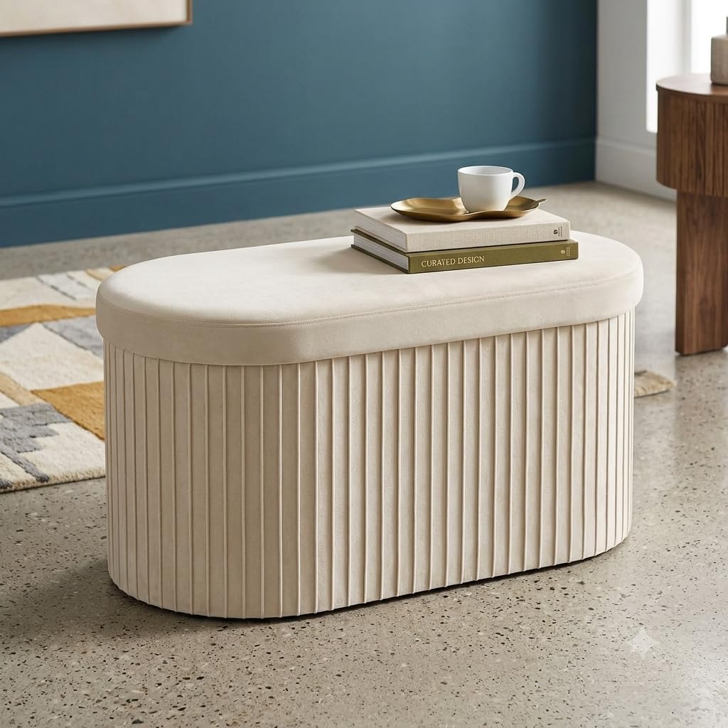 Foldable Storage Ottoman Stool with Hidden Storage, Linen Fabric Footrest Seat, MDF Board Construction, Padded Cushion Bench for Living Room, Bedroom, Office (Beige, Oval)-image-6