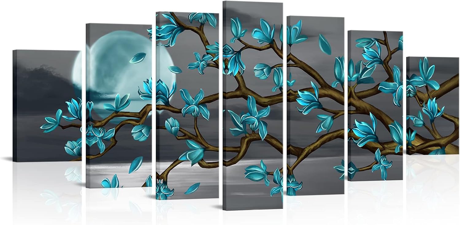Visual Art Decor XLarge 7 Piece Teal Full Moon Lanscape Wall Art Teal Tree Painting Canvas Art Prints Framed Ready to Hang, 70x32inch