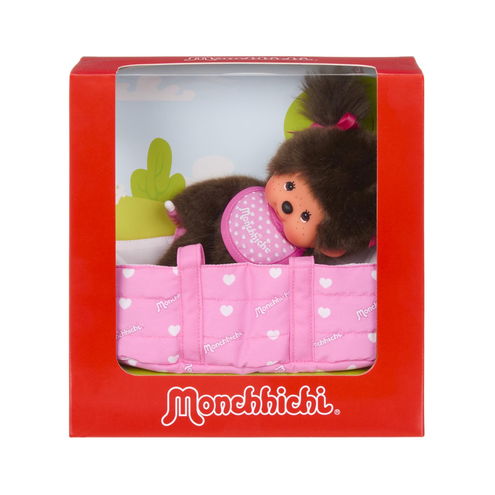 Sekiguchi 204069 Original Monchhichi Girl with Pink Heart Bib and Cot, Approx. 20 cm Cuddly Toy Made of Brown Plush